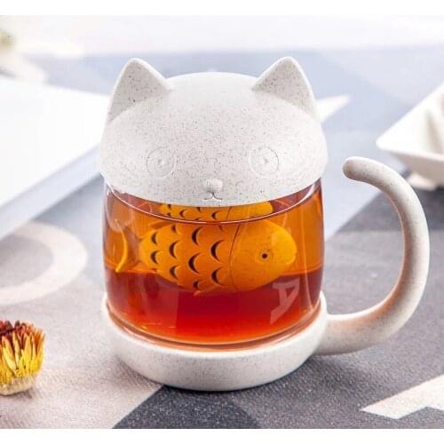 Cute Cat Glass Teacup with Filter Creative Office Water Bottle Teapot Teabags Strainer Transparent Tea Coffee Mugs Drinkware