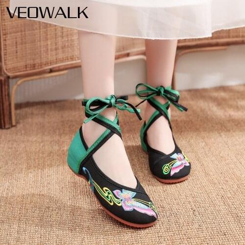 Veowalk Chinese Vintage Old Peking Cloth Shoes Ladies Lace-Up Swallowtail Butterfly Embroidery Comfortable Casual Dancing Flats
