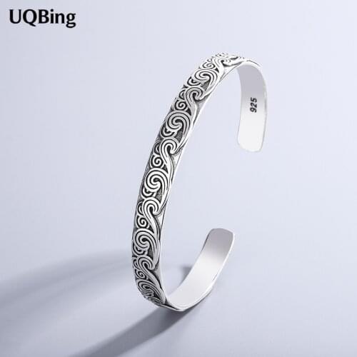 Vintage 925 Sterling Silver Flower Pattern Open Adjustable Bangles For Women Jewelry Gifts