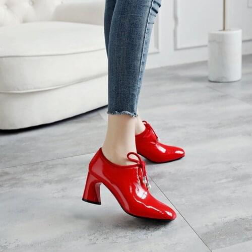 YMECHIC Fashion Patent Mirror Red Yellow Black Lace Up Ladies Heels Women Shoes High Heel Square Toe Large Size Pumps Footwear