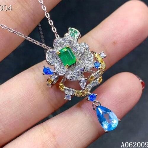 KJJEAXCMY fine jewelry 925 Sterling Silver inlaid natural emerald blue topaz girl luxury new Pendant Necklace support test