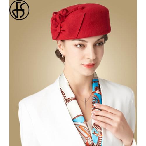 FS Wool Fascinators Hat For Women Red Wedding Fedora Hats Black Pillbox Hat Ladies Church Formal Felt Bow Berets Caps Chapeau