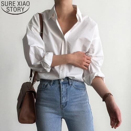 2021 Women White Long Sleeve Shirt Vintage Solid Cardigan Shirts OL Style Loose Ladies Tops Autumn Korean Cotton Blouse 10156