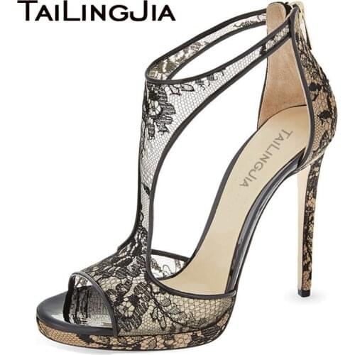 Womens Heels Peep Toe Sandals Party Shoes Sexy Lace Mesh Hotsale T Strap Ladies 2019 Tailingjia Big Size Stiletto High Heels