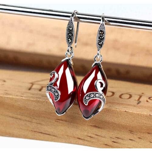 ZHJIASHUN Retro 100% 925 Sterling Silver Natural Garnet Ruby Drop Earrings For Women Vintage Gemstones Earring Jewelry Female