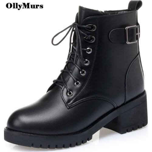 OllyMurs Fur Warm Wool Women Boots Lace Up Mid-Calf Womens Boots Snow Boots Riding Non-Slip Thick Heel Winter Shoes Women 2020