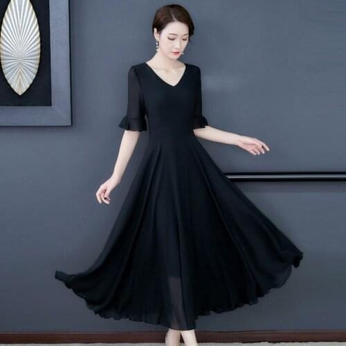 Women Dresses Vestidos Summer Chiffon Short Sleeve V-neck Long Party Black Red Fashion Beach Robe Femme Plus Size 5XL Ropa 345