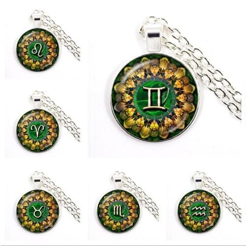 12 Zodiac Signs Glass Dome Constellations Pendant Necklace Indian Yoga Mandala Glass Dome Cabochon Pendant Jewelry For Women Men