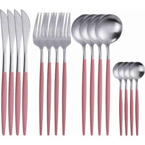 16pcs Tableware Set Pink Silver Cutlery Stainless Steel Dinnerware Set Kitchen Dinner Set Fork Knife Flatware Home Eco Friendly