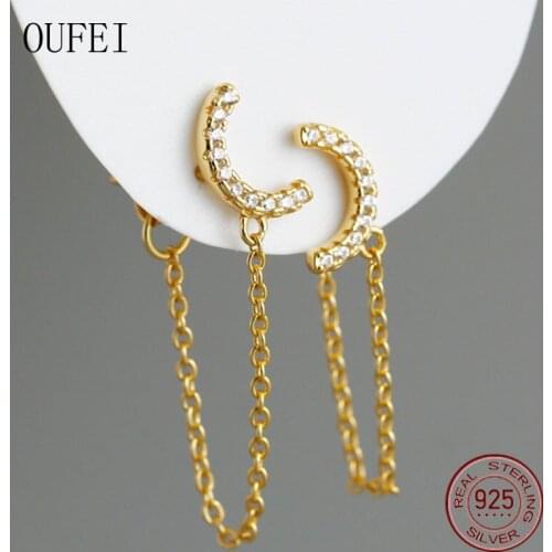 2 Chain Moon Stud Earring For Women 925 Sterling Silver Crystal Earrings 2021 Trend Silver Fine Jewelry Chain Accessories