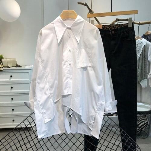 Asymmetrical Cotton 100% Women White Shirts Summer New Turn-Down Collar Pocket Loose Elegant Office Lady Outwear Coats Tops