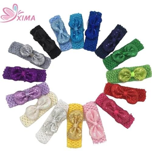 XIMA 16pcs/lot 4'Sequin Bows with Crochet Elastic Headbands for Kids Hair Accessories