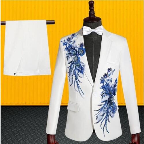 Sequin flower blazer men suit set with pants mens wedding suits costume singer star style stage clothing formal dress white