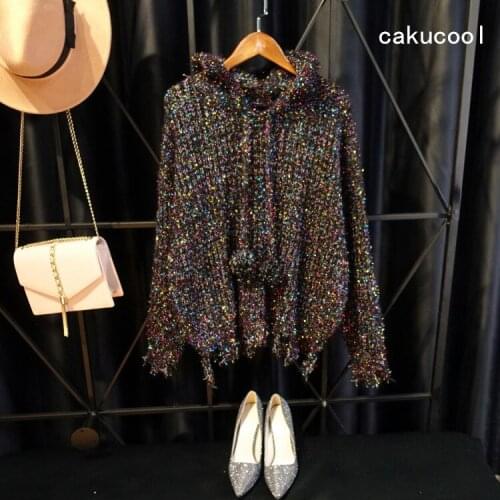 Cakucool New Gold Silver Lurex Sweater Autumn Hooded Long Sleeve Jumpers Ripped Holes Bling Casual Knit Pull Sweaters Top Female