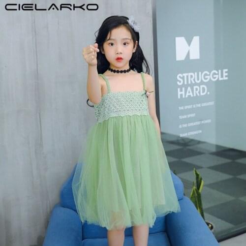 Cielarko Summer Girls Strap Dress 2018 Vintage Princess Tulle Dresses for Girl Design Solid Children Clothes Holiday Green Frock