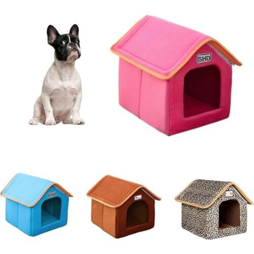 Pet Dog House Foldable Bed With Mat Soft Winter Leopard Dog Puppy Sofa Cushion House Kennel Nest Dog Cat Bed Small Medium Dogs