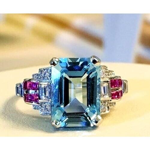 Square aquamarine gemstones blue red crystal Rings for women diamonds white gold silver color jewelry bague bijoux party gifts