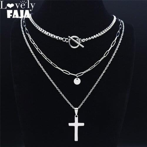 3PCS Hip Hop Cross Stainless Steel Pendant Necklace Women Silver Color Layer Chokers Necklace Jewelry croix chretienne NXS03