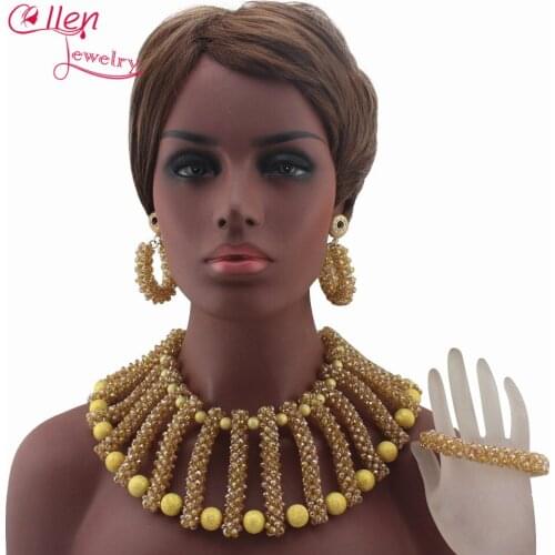 New Chunky Yellow African Bride Jewelry Set Nigerian Wedding Party Beads Statement Necklace Set Free Shipping W13084