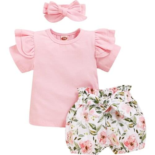 Three Piece Newborn Baby Girls Outfits Solid O Neck Short Sleeve Floral Print Shorts Headband Infant Toddler Summer Sets 0-24M