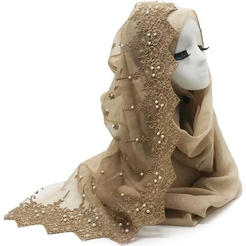 Lace cotton hijab scarf pearl design flower embroidery fashion women scarves long shawls luxury wrap soft islamic eid bandana