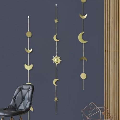 Metal Round Piece Sun ,Moon And Star Shape Hanging Decoration Photo At Night Living Room Wall Hanging Decoration With Chains