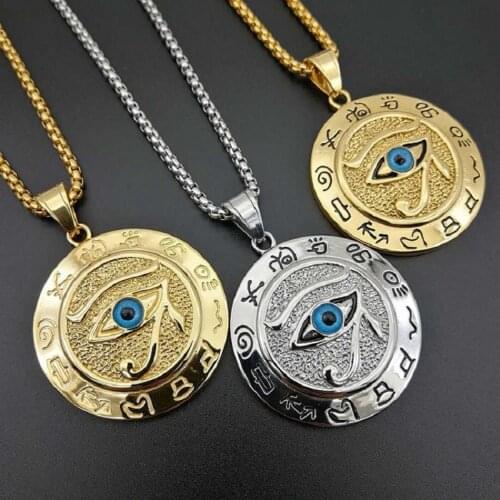 Eye of Horus Muslim Rune Pattern Round Pendant Necklace Mens Necklace Sliding Pendant Metal Necklace Amulet Accessory Jewelry