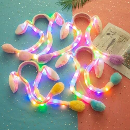 Women Girls Cute LED Light Up Rabbit Headband with Airbag Moving Ears Children Bunny Long Plush Toy Hair Hoop Party Photo Props