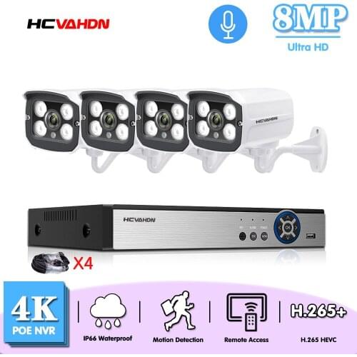 H.265+ 4CH 4K POE Security Camera System Kit 4PCS 8MP Ultra HD IP Camera Outdoor Waterproof CCTV Home Video Surveillance NVR Set