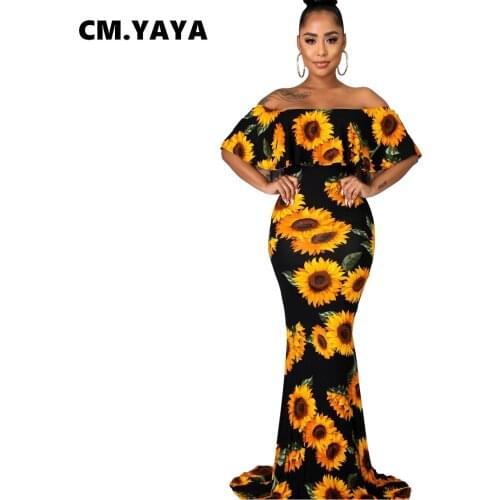 CM.YAYA Sunflower Women Butterfly Sleeve Mermaid Long Dress Bandage Bodycon Night Club Sexy Midi Maxi Off Shoulder Dresses