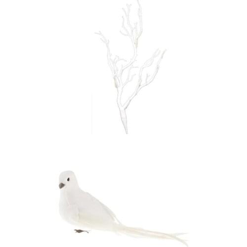 Dried Tree Branch Fake Plant + Feathered Foam Artificial Doves Yard