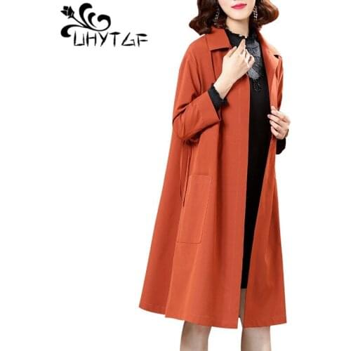 UHYTGF Spring Women Long Coat Turn Down Collar Plus size 7 Quarter Single Button Casaco Feminino Abrigo Mujer Trench Femme X122