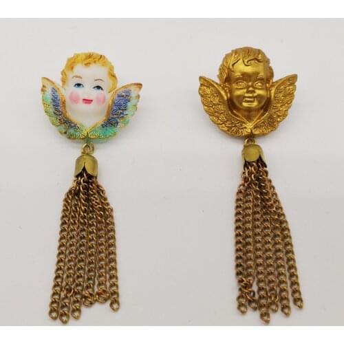 Vintage Baroque style Angels Brooch Brass Tassels Victorian Badge Pin Gothic Jewelry