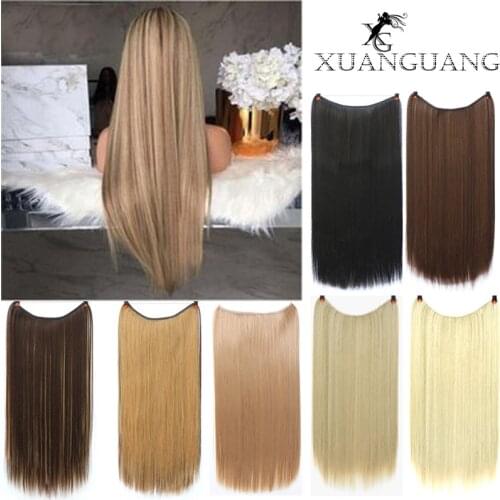 XUANGUANG 24inches Hair extensions without clips Just an invisible line Secret Fish Line Hairpieces Wave Straight Synthetic