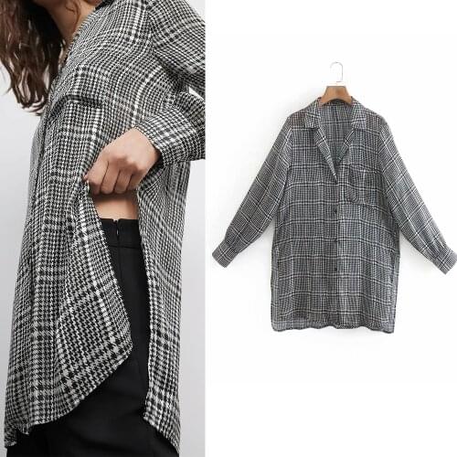 Womens Shirts Za Fashion 2021 Vintage Plaid Print V Neck Loose Long Shirts Oversized Casual Blouse Elegant Chic Mujer Tops