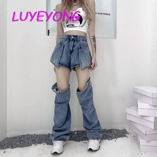 Harajuku Jeans Lady Hollow Out Pocket Detachable Socks Street Denim Shorts Pants Blue Punk Girl Cool Summer Straight Loose Pant