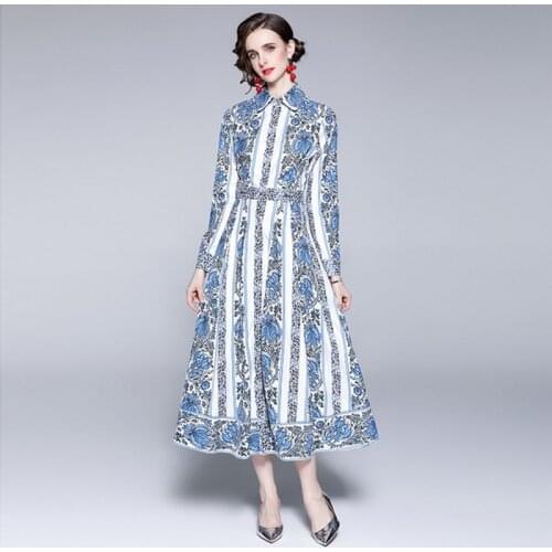 2021 Fashion Designer Runway Dress Womens Long Sleeve Vintage Floral Printed Casual Elegant High Waist Midi Dress