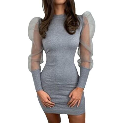 Women Mesh Sheer Puff Long Sleeve O-Neck Bodycon Dresses Elegant Ladies Slim Party Cocktail Knitted Mini Dress Sexy Dress