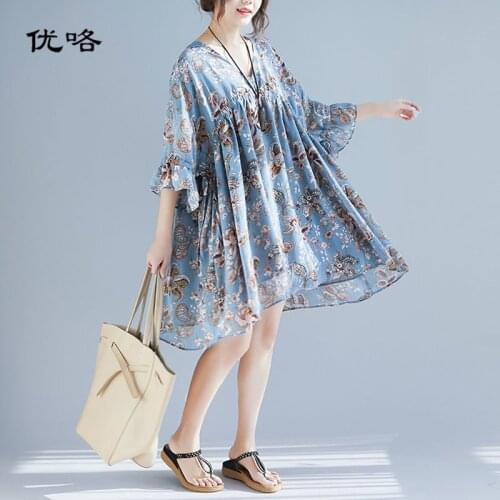 Plus Size Dresses For Women 4XL 5XL 6XL Chiffon Art Printed Dress Beach Summer Femme Casual Loose Floral Dresses Vestidos 2019