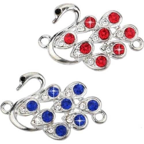 4pcs Silver Plated Blue Red Crystal Swan Connectors fit Jewelry Making Bracelet Findings Accessories DIY Craft 31x23mm