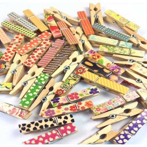 50pcs Colorful Pattern Small Wooden Pegs Photos Notes Flax Rope Stamping Flowers Decorative Mini Clips