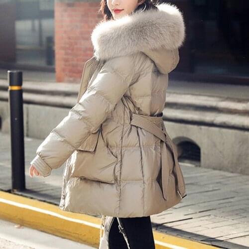 Glossy Down Jacket Women Short Coat Winter New Cold Warm White Duck Down Outwear Hooded Fur collar Parka Overcoat Abrigo Mujer