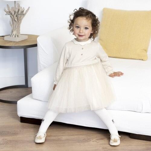 DBM18326 dave bella autumn baby girls cute patchwork mesh sweater dress children fashion party dress kids infant lolita clothes