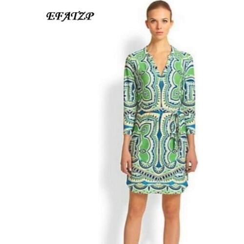 [EFATZP] New Luxury Brands Womens Green Print Elegant 3/4 Sleeve Jersey Silk Dress Cute Dress XXL Free Shipping