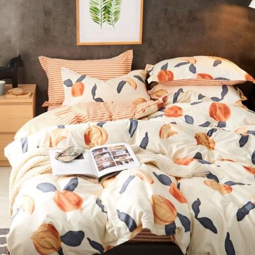 Cute Peach Comforter Bedding Set White Bed Linens Duvet Cover Bed Set Queen King Twin Size