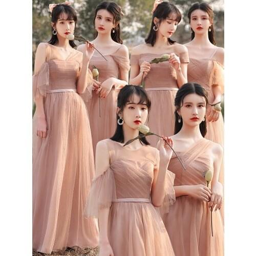 Summer Formal Fashion Elegant A-lineshow Off Coffee Pink Mesh Sleeveless High Waist Dresses For Wedding 2360