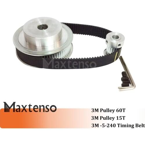 MAXTENSO HTD 3M 60T 15T Width 16mm 3M Belt Width 15mm Length 240mm Timing Pulley Belt Set kit Reduction Ratio 4:1 For CNC KIT