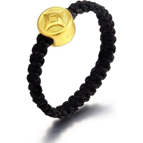 NEW 24K Yellow Gold Lucky Coin Bead with Black Knitted Ring Band Size 7