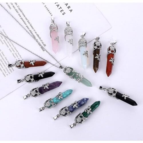 Wholesale New Fashion Rose Flower Single Pointed Hexagon Natural Stone Crystal Pendant Necklace