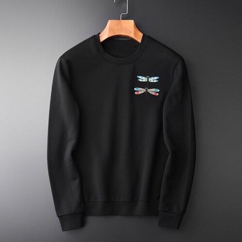 100% Cotton Luxury Dragonfly Embroidery Round Collar Sweatshirt Male Plus Size 3XL 4XL Sprint Hoodies Men